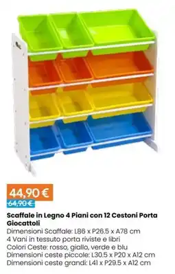 Paniate Scaffale in Legno 4 Piani con 12 Cestoni Porta Giocattoli offerta