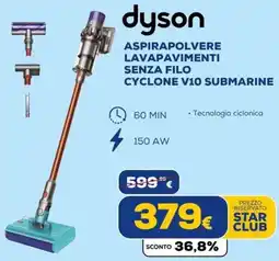 Euronics Tufano Dyson aspirapolvere lavapavimenti senza filo cyclone v10 submarine offerta