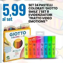 Eurospin SET 24 PASTELLI COLORATI 'GIOTTO SMILE' / SET 8 EVIDENZIATORI 'TRATTO VIDEO EMOTIONS' offerta