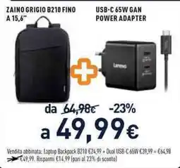 Unieuro Zaino grigio Lenovo B210 fino a 15,6" + USB-C 65W GAN Power Adapter offerta