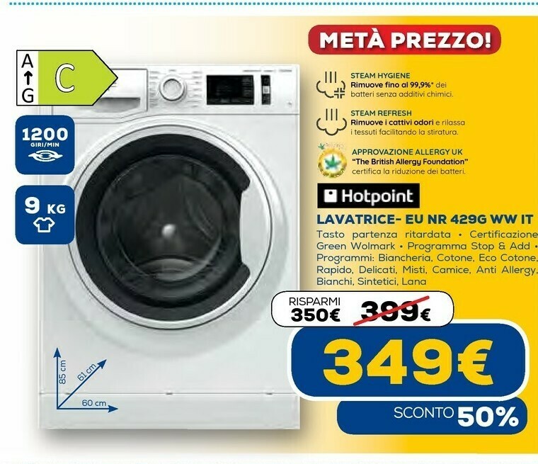 Eu nr 429g ww it lavatrice caricamento frontale 9 kg 1200 giri/min bianco  offerta di Euronics