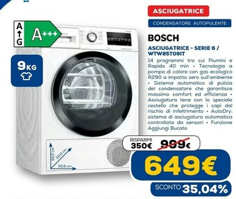 Euronics Serie 6 wtw85t09it asciugatrice libera installazione caricamento frontale 9 kg a++ bianco offerta
