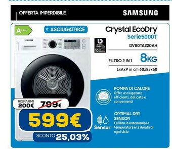 Euronics Dv80ta220ah asciugatrice libera installazione caricamento frontale 8 kg a+++ bianco offerta