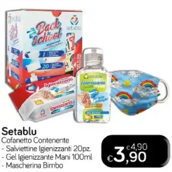 Idea bellezza Setablu cofanetto contenente salviettine igienizzanti 20pz/ gel igienizzante mani 100ml/ mascherina bimbo offerta