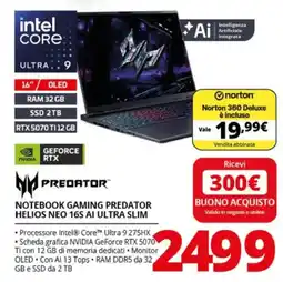 Comet Notebook Gaming Predator Helios Neo 16s AI Ultra Slim offerta