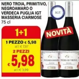 Il Gigante Nero di Troia, Primitivo, Negroamaro o Verdeca Puglia IGT Masseria Ciarmose offerta