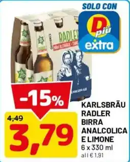 DPiù Karlsbräu Radler birra analcolica e limone offerta