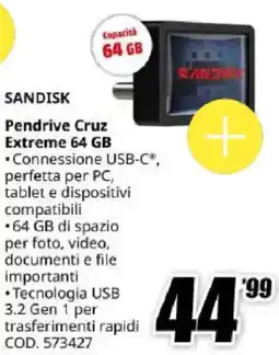 MediaWorld Sandisk Pendrive Cruz Extreme 64 GB offerta