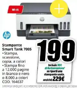 MediaWorld hp Stampante Smart Tank 7005 offerta