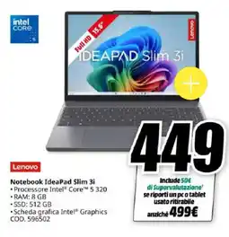 MediaWorld Lenovo Notebook IdeaPad Slim 3i offerta