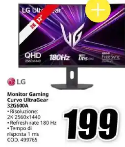 MediaWorld LG Monitor Gaming Curvo UltraGear 32G600A offerta