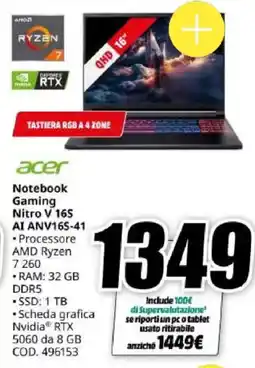 MediaWorld Acer Notebook Gaming Nitro V 16S offerta