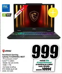 MediaWorld msi Notebook Gaming Cyborg 15 offerta