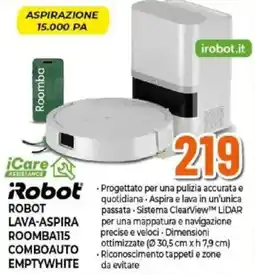 Expert iRobot Robot Lava-Aspira Roomba115 Comboauto Emptywhite offerta