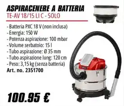 Einhell Aspiracenere a batteria TE-AV 18/15 LI C - Solo offerta