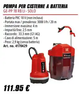 Einhell Pompa per cisterne a batteria GE-PP 18 RB LI - Solo offerta