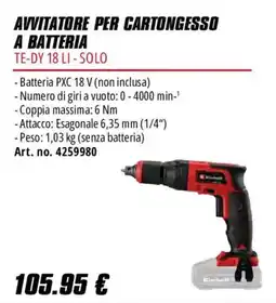 Einhell Avvitatore per cartongesso a batteria TE-DY 18 LI - Solo offerta