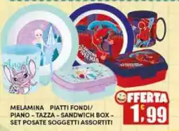 Maury's Melamina piatti fondi/ piano - tazza - sandwich box - set posate soggetti assortiti offerta