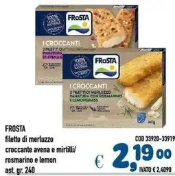 Del Prete Distribuzioni Frosta filetto di merluzzo croccante avena e mirtilli/rosmarino e lemon offerta