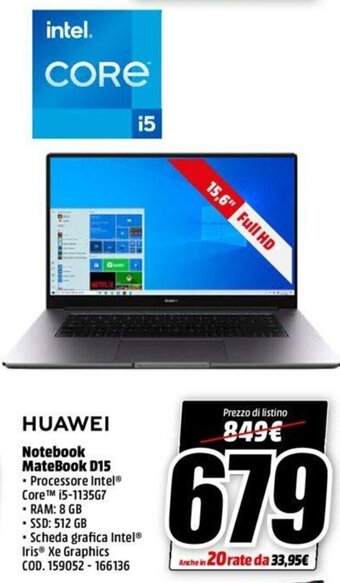 MediaWorld Huawei Notebook Matebook D15 offerta