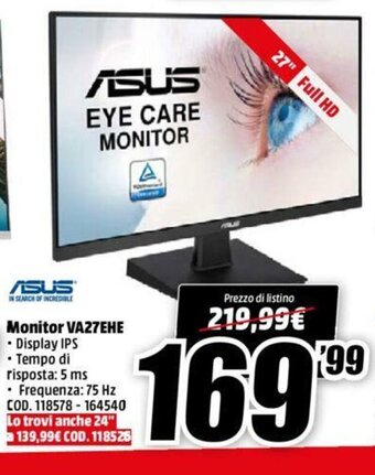 MediaWorld Asus Monitor VA27EHE offerta