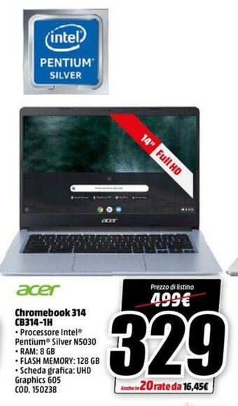 MediaWorld acer Chromebook 314 CB314-1H offerta