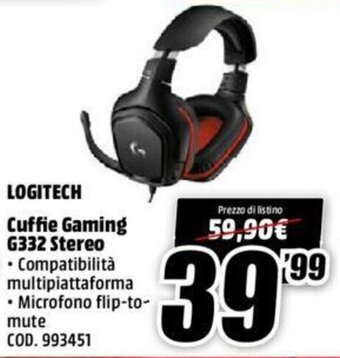 MediaWorld Logitech Cuffie Gaming G332 Stereo offerta