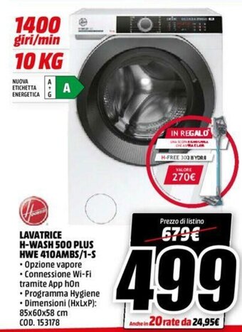 MediaWorld Hoover Lavatrice H-Wash 500 Plus HWE 410AMBS/1-S offerta