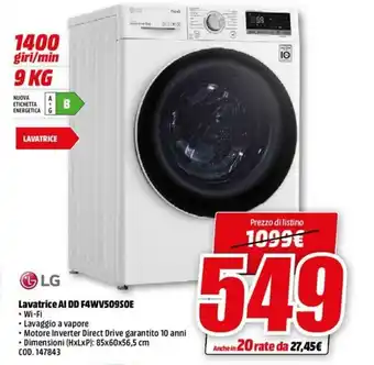 MediaWorld LG Lavatrice AI DD F4WV509SOE offerta