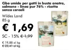 NaturaSì Cibo umido per gatti in busta anatra, salmone - linea pur 76% - ricetta senza cereali Wildes Land offerta