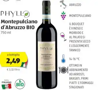 ALDI Phyll Montepulciano d'Abruzzo Bio 750 ml offerta