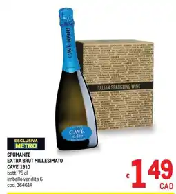 Metro Spumante extra brut millesimato cave' 1910 offerta