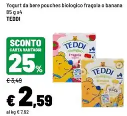 Iper La Grande Yogurt da bere pouches biologico fragola o banana TEDDI offerta