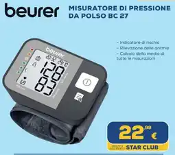 Euronics Tufano MISURATORE DI PRESSIONE DA POLSO BC 27 beurer offerta