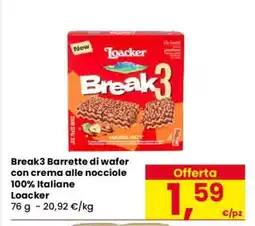 Eurospar Break3 Barrette di wafer con crema alle nocciole 100% Italiane Loacker offerta