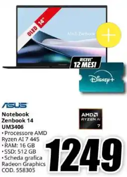 MediaWorld Asus Notebook Zenbook 14 offerta