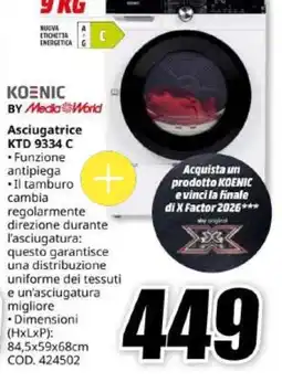 MediaWorld Asciugatrice KTD 9334 C by KOENIC offerta