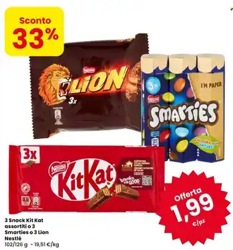 3 Snack Kit Kat assortiti o 3 Smarties o 3 Lion Nestlé