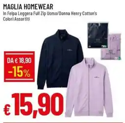IperFamila Maglia Homewear in felpa leggera full zip uomo/donna henry cotton's offerta