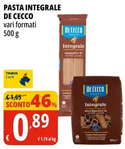 Tigros Pasta integrale De Cecco offerta