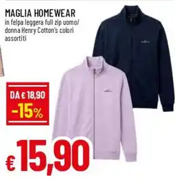 Famila Superstore Maglia Homewear in felpa leggera full zip uomo/donna Henry Cotton's offerta