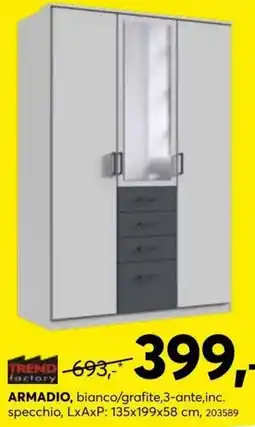Dipo Arredamenti Trend factory ARMADIO, bianco/grafite,3-ante,inc. offerta
