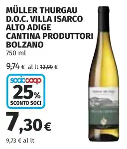 Coop Müller Thurgau D.O.C. Villa Isarco Alto Adige Cantina Produttori Bolzano offerta