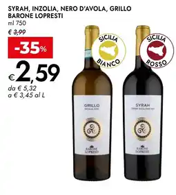 Bennet Syrah, Inzolia, Nero d'Avola, Grillo Barone Lopresti offerta