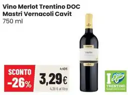 Coop Master Alleanza 3.0 Vino Merlot Trentino DOC Mastri Vernacoli Cavit offerta