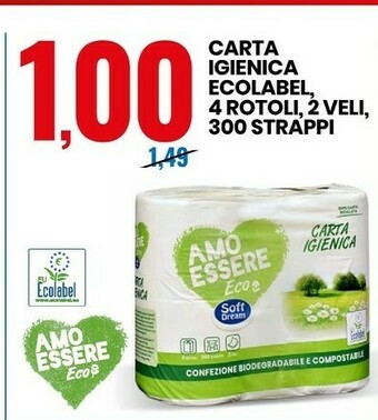 Eurospin Carta igienica ecolabel 4 rotoli, 2 veli, 300 strappi offerta
