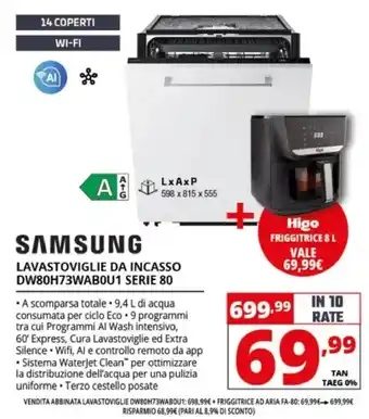 Samsung lavastoviglie da incasso DW80H73WAB0U1 serie 80