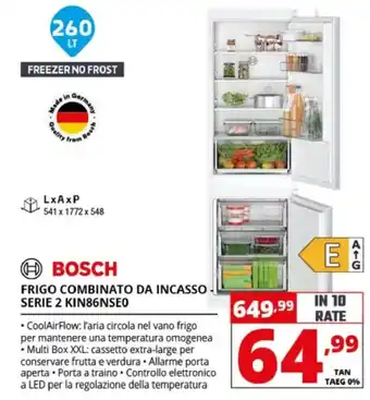 Bosch frigo combinato da incasso serie 2 kin86nseo