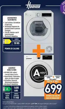 Unieuro Asciugatrice Hoover HLEH10N2TES + Lavatrice Hoover H3W411L10HS offerta