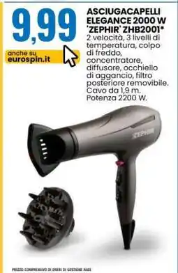 Eurospin ASCIUGACAPELLI ELEGANCE 2000 W 'ZEPHIR' ZHB2001 offerta